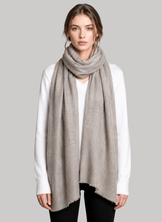 French taupe gray pure Pashmina stole from Cashmere Knot Ireland, featuring lightweight softness and timeless elegance for women in Ireland