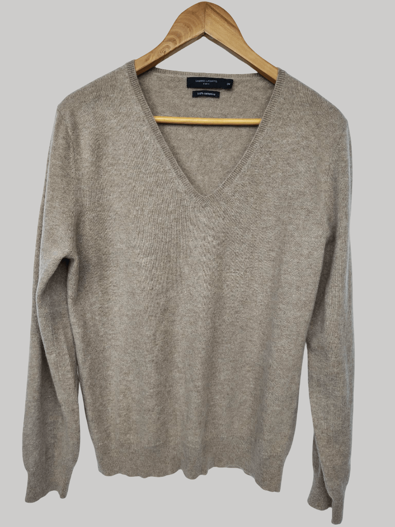 Galeries Lafayette Paris Taupe preloved pure cashmere V-neck jumper in Large UK and Ireland size curated by Cashmere Knot Ireland