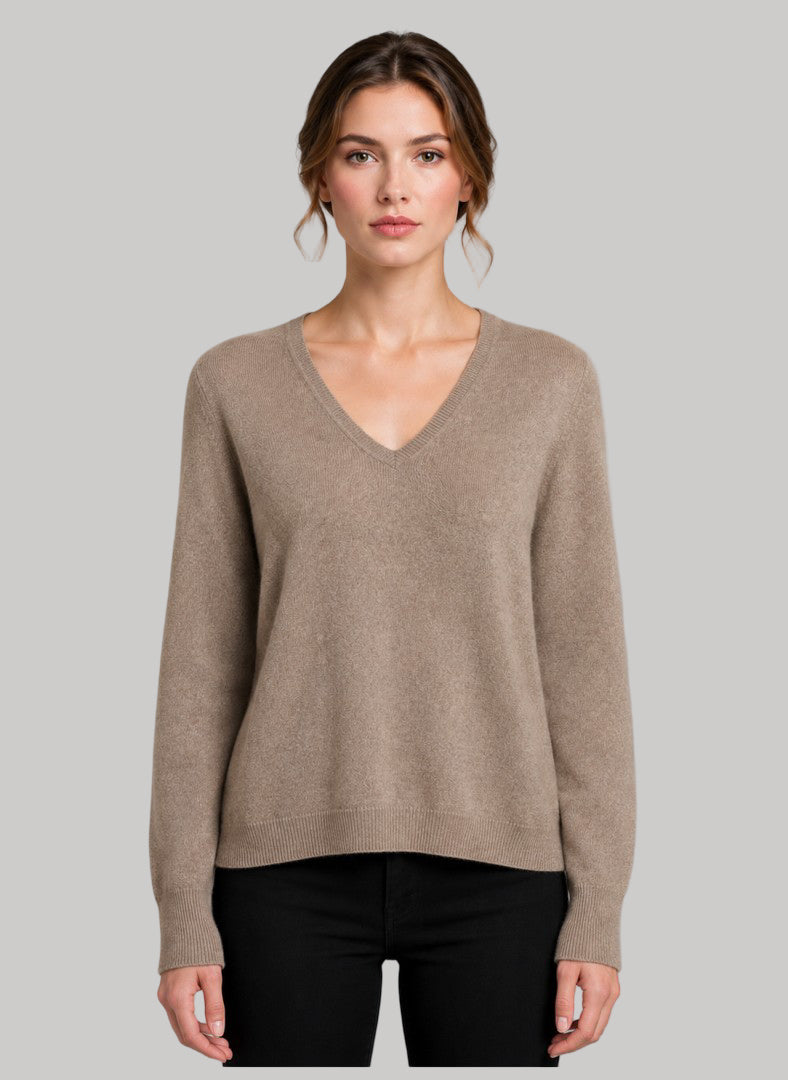 Galeries Lafayette Paris Taupe preloved pure cashmere V-neck jumper in Large UK and Ireland size curated by Cashmere Knot Ireland