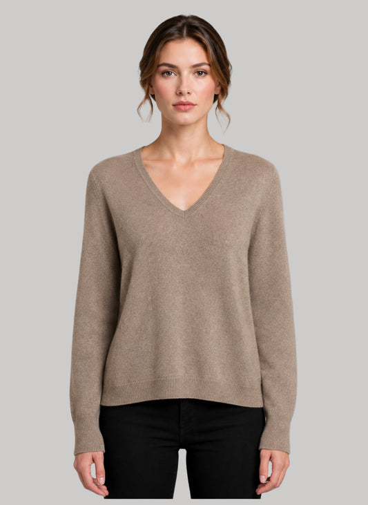 Galeries Lafayette Paris Taupe preloved pure cashmere V-neck jumper in Large UK and Ireland size curated by Cashmere Knot Ireland