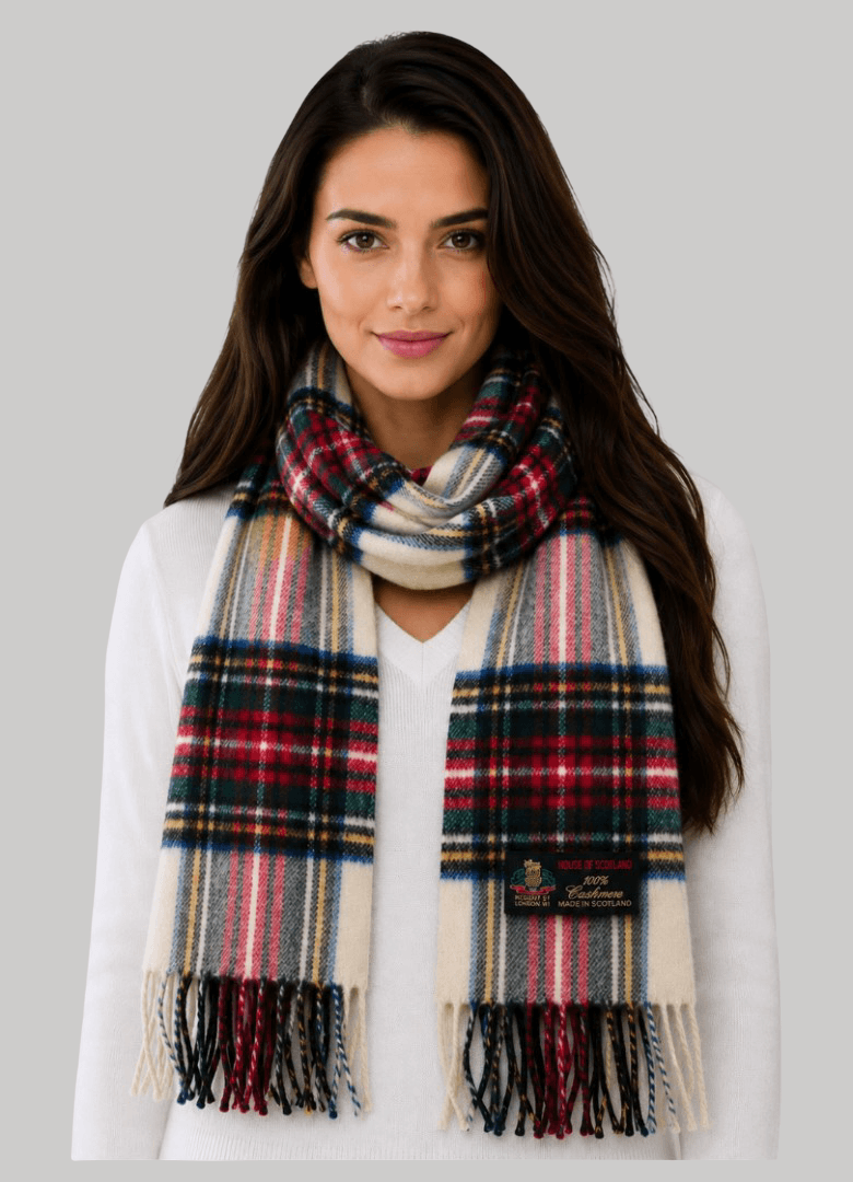 House of Scotland preloved pure cashmere scarf from Ireland, off-white check multilining design