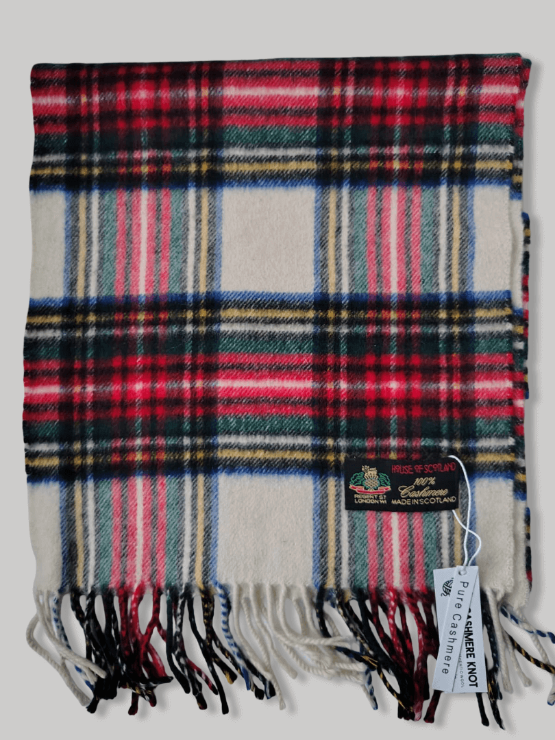 House of Scotland preloved pure cashmere scarf from Ireland, off-white check multilining design