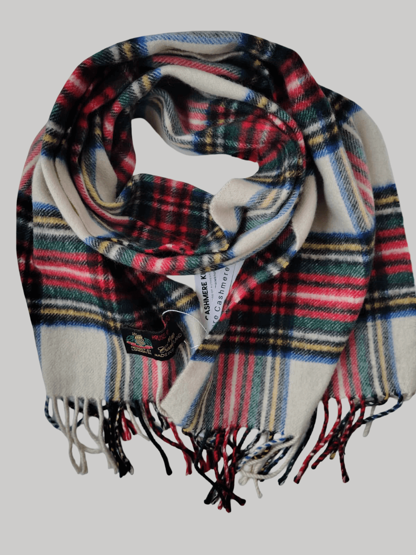 House of Scotland preloved pure cashmere scarf from Ireland, off-white check multilining design