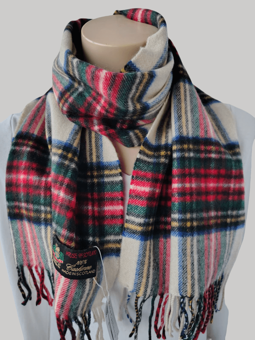 House of Scotland preloved pure cashmere scarf from Ireland, off-white check multilining design