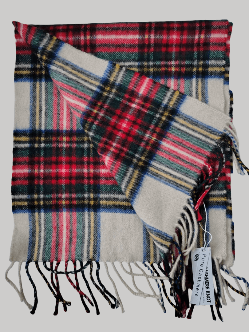 House of Scotland preloved pure cashmere scarf from Ireland, off-white check multilining design