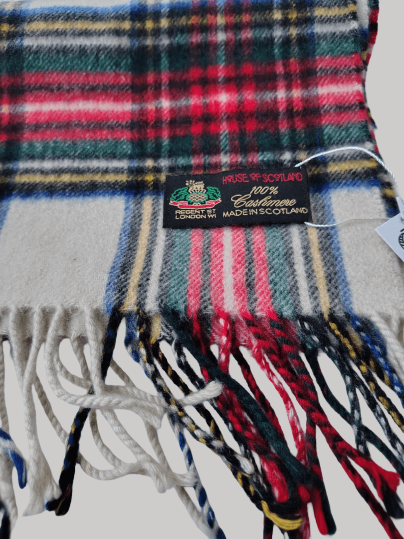House of Scotland preloved pure cashmere scarf from Ireland, off-white check multilining design