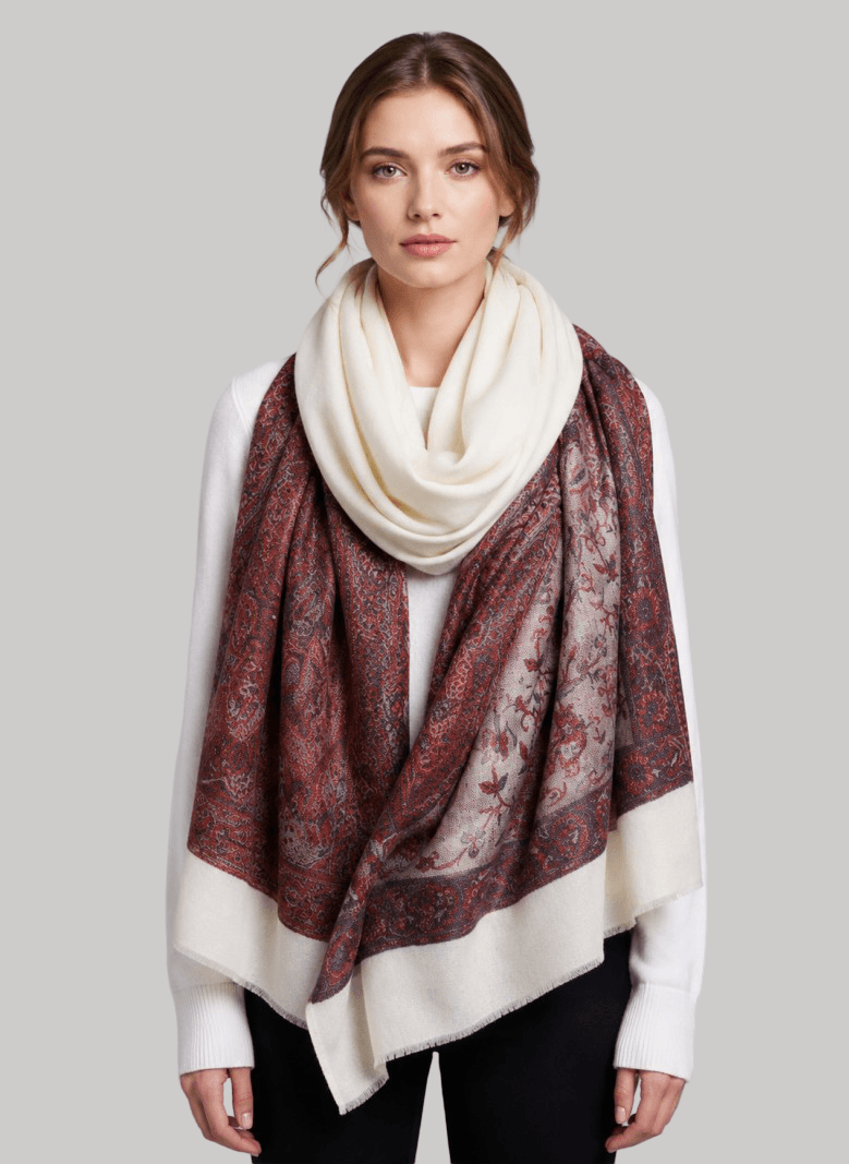 Ivory paisley printed Pashmina shawl from Cashmere Knot Ireland, featuring an elegant paisley design, luxurious softness and timeless style for women in Ireland