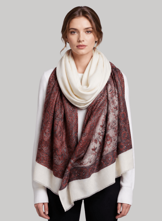 Ivory paisley printed Pashmina shawl from Cashmere Knot Ireland, featuring an elegant paisley design, luxurious softness and timeless style for women in Ireland