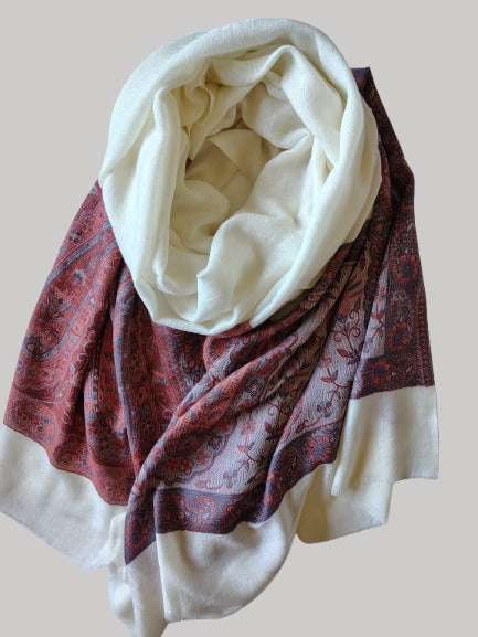Ivory paisley printed Pashmina shawl – luxurious handcrafted softness and elegance by Cashmere Knot Ireland