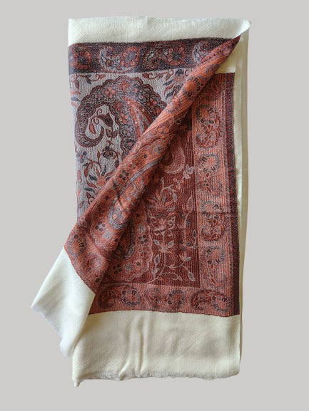 Ivory paisley printed Pashmina shawl – luxurious handcrafted softness and elegance by Cashmere Knot Ireland
