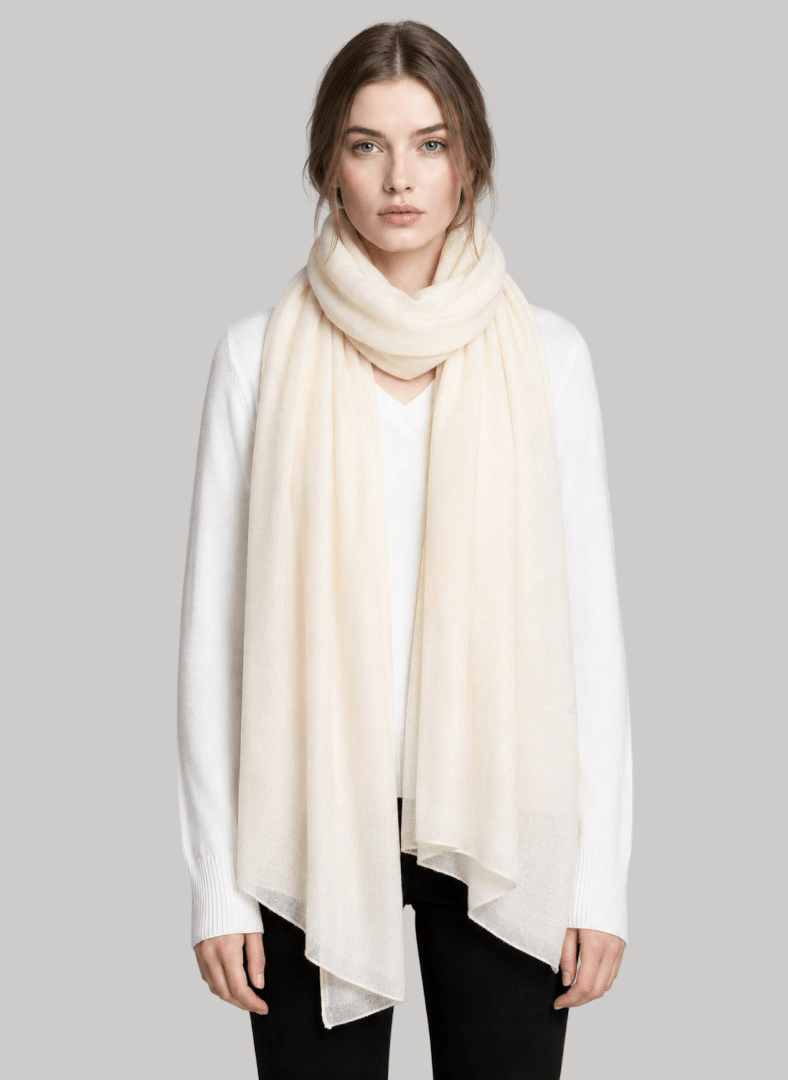 Ivory pure Pashmina stole from Cashmere Knot Ireland, featuring lightweight softness and timeless elegance for women in Ireland