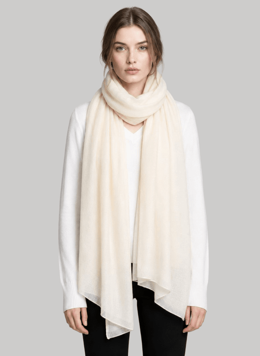 Ivory pure Pashmina stole from Cashmere Knot Ireland, featuring lightweight softness and timeless elegance for women in Ireland