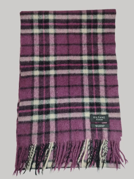 Kiltane purple and black checkered preloved pure cashmere scarf from Ireland, soft luxury wrap