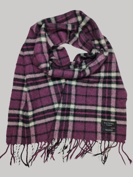 Kiltane purple and black checkered preloved pure cashmere scarf from Ireland, soft luxury wrap