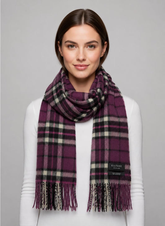 Kiltane purple and black checkered preloved pure cashmere scarf from Ireland, soft luxury wrap
