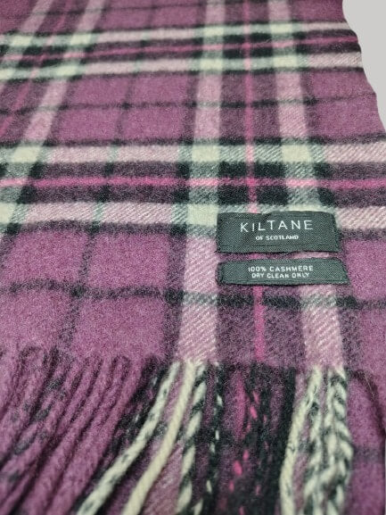Kiltane purple and black checkered preloved pure cashmere scarf from Ireland, soft luxury wrap