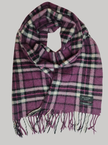 Kiltane purple and black checkered preloved pure cashmere scarf from Ireland, soft luxury wrap