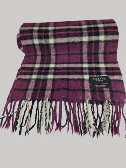 Kiltane purple and black checkered preloved pure cashmere scarf from Ireland, soft luxury wrap