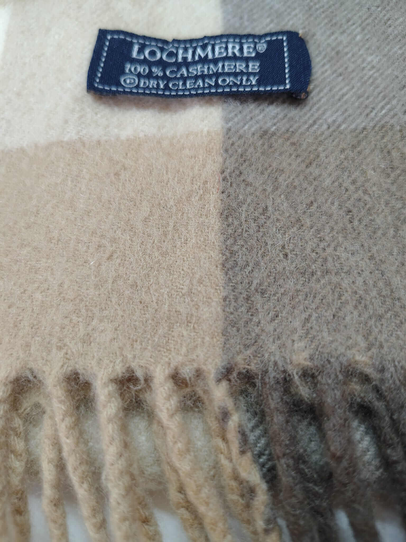 Lochmere natural check beige and brown preloved pure cashmere scarf from Ireland, soft luxury wrap