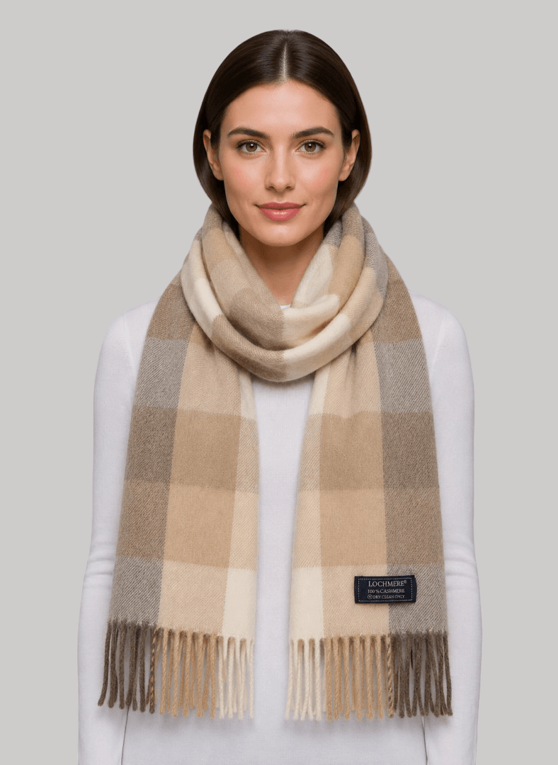 Lochmere natural check beige and brown preloved pure cashmere scarf from Ireland, soft luxury wrap