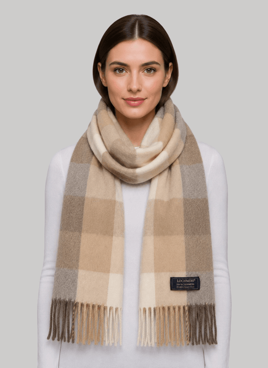 Lochmere natural check beige and brown preloved pure cashmere scarf from Ireland, soft luxury wrap
