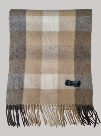 Lochmere natural check beige and brown preloved pure cashmere scarf from Ireland, soft luxury wrap