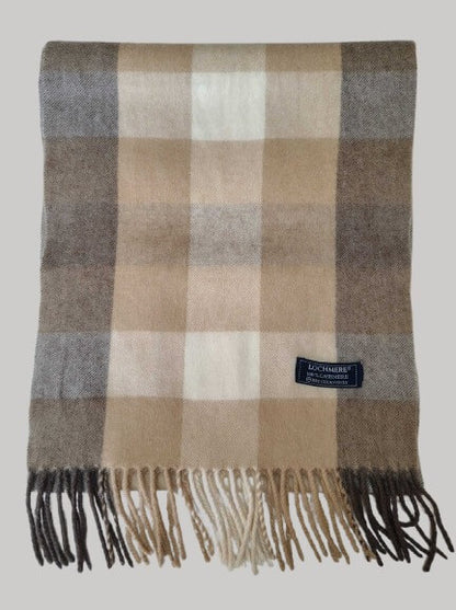 Lochmere natural check beige and brown preloved pure cashmere scarf from Ireland, soft luxury wrap