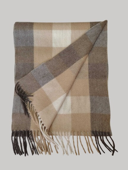 Lochmere natural check beige and brown preloved pure cashmere scarf from Ireland, soft luxury wrap
