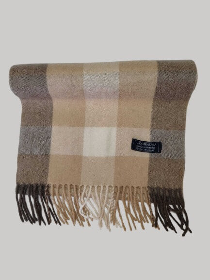 Lochmere natural check beige and brown preloved pure cashmere scarf from Ireland, soft luxury wrap