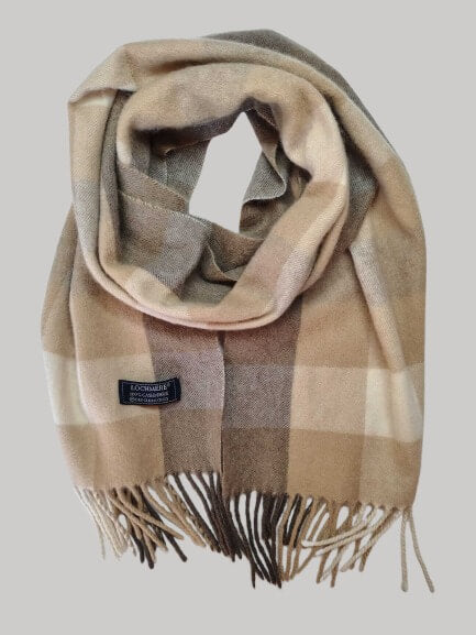 Lochmere natural check beige and brown preloved pure cashmere scarf from Ireland, soft luxury wrap