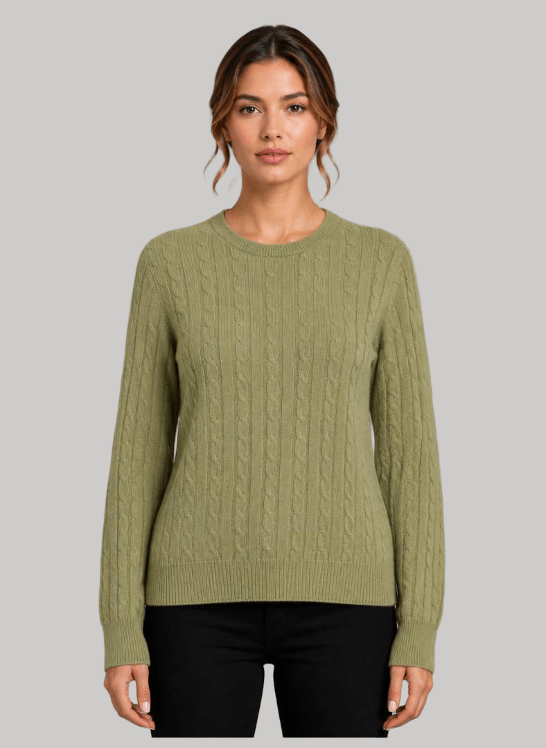 Lona Scott Sage Green preloved pure cashmere crew neck jumper Small slim fit with vertical mini-cable knit design from Cashmere Knot Ireland