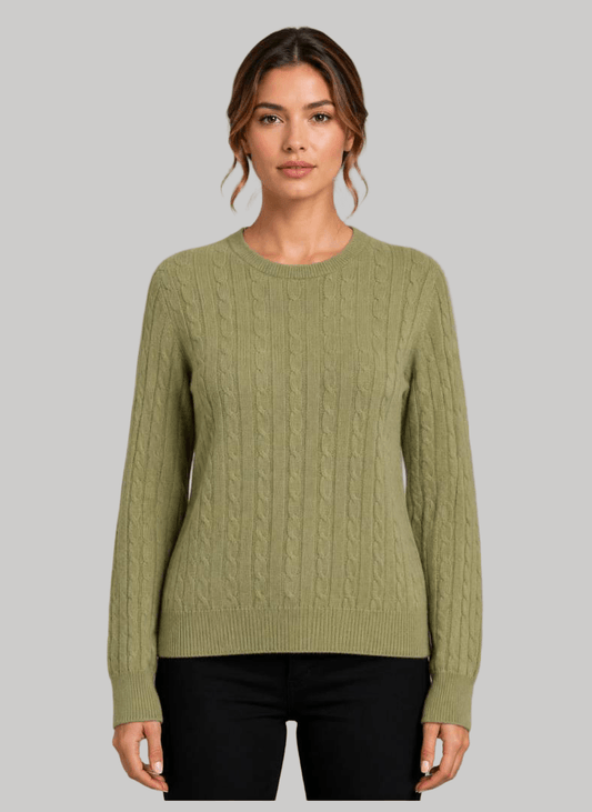 Lona Scott Sage Green preloved pure cashmere crew neck jumper Small slim fit with vertical mini-cable knit design from Cashmere Knot Ireland