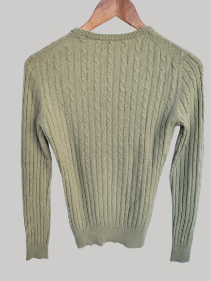 Lona Scott Sage Green preloved pure cashmere crew neck jumper Small slim fit with vertical mini-cable knit design from Cashmere Knot Ireland