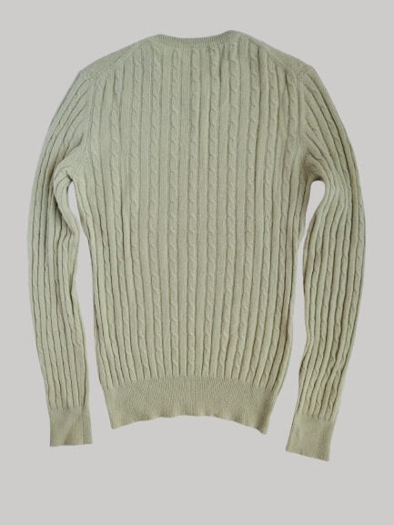 Lona Scott Sage Green preloved pure cashmere crew neck jumper Small slim fit with vertical mini-cable knit design from Cashmere Knot Ireland