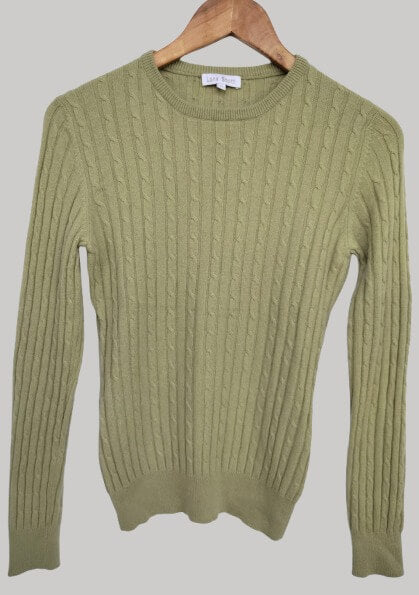 Lona Scott Sage Green preloved pure cashmere crew neck jumper Small slim fit with vertical mini-cable knit design from Cashmere Knot Ireland