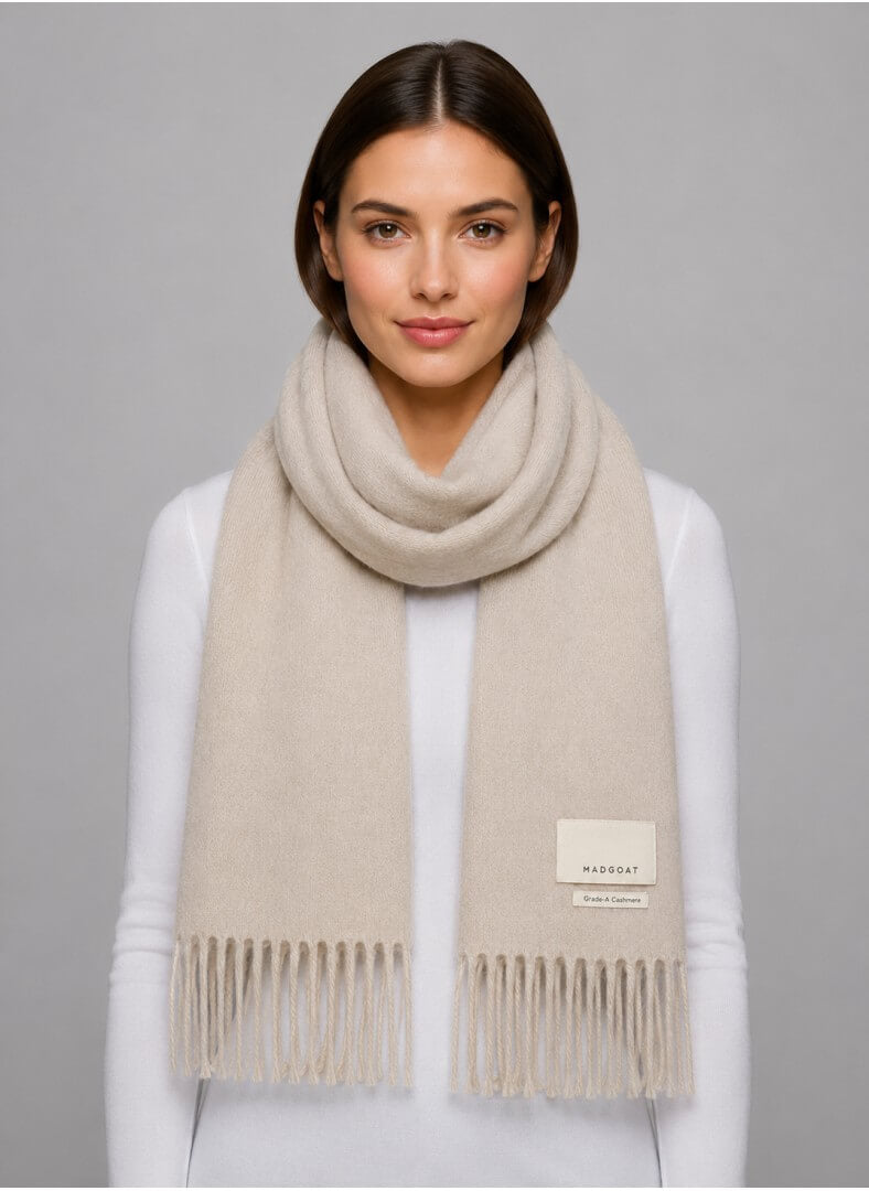 MadGoat Grade A light beige preloved pure cashmere scarf from Ireland, soft luxury wrap