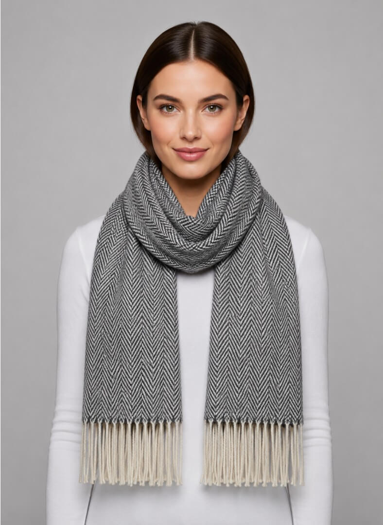 Marks and Spencer charcoal grey herringbone preloved pure cashmere scarf from Ireland, soft luxury wrap