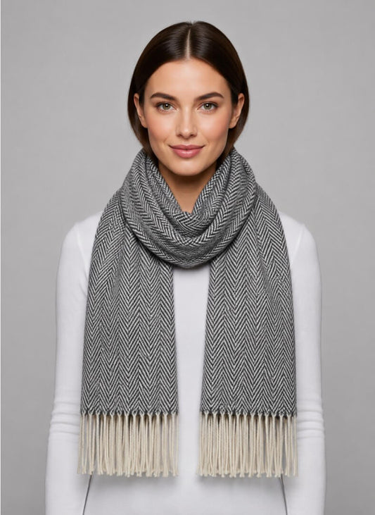 Marks and Spencer charcoal grey herringbone preloved pure cashmere scarf from Ireland, soft luxury wrap
