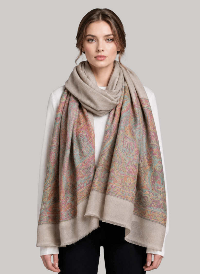 Mauve taupe medallion Pashmina shawl from Cashmere Knot Ireland, featuring an elegant medallion design, luxurious softness and timeless style for women in Ireland