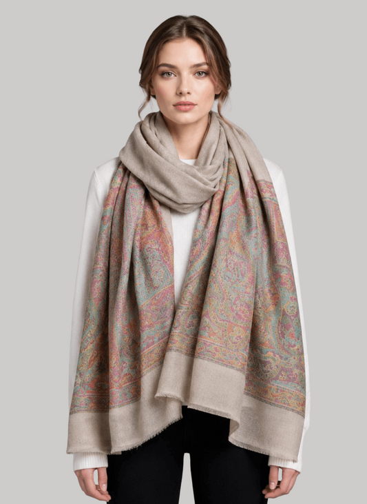 Mauve taupe medallion Pashmina shawl from Cashmere Knot Ireland, featuring an elegant medallion design, luxurious softness and timeless style for women in Ireland