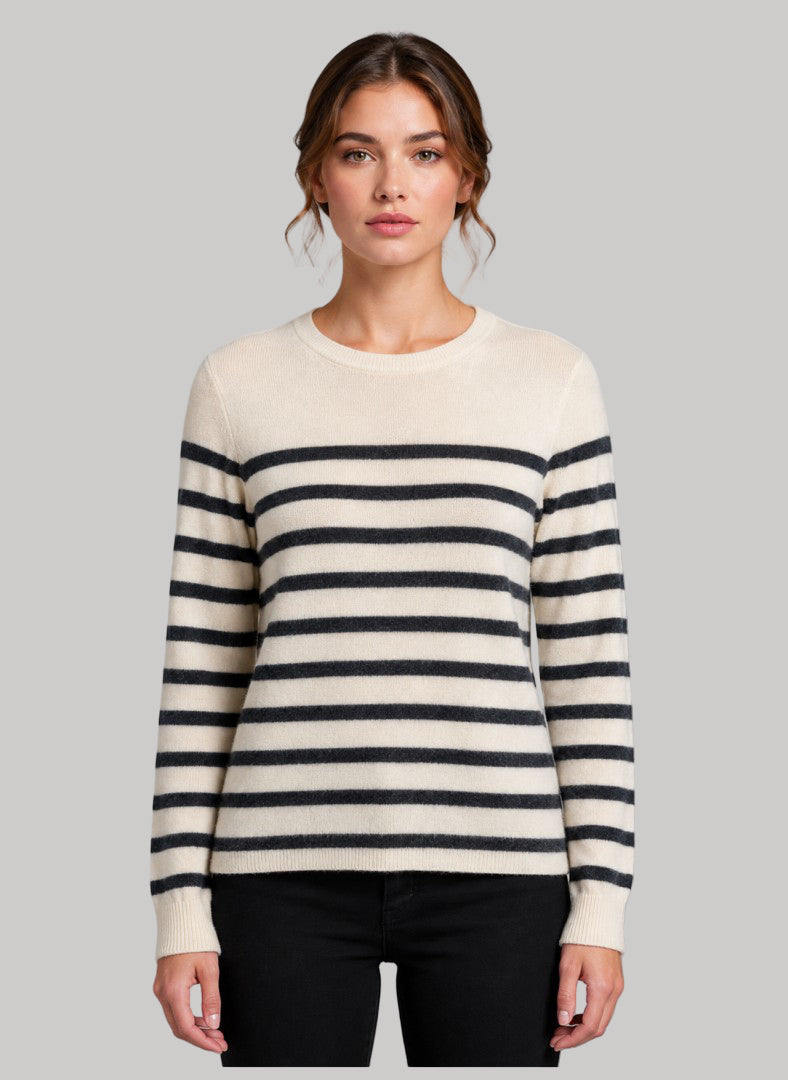 Max Studio ivory and soft black Breton stripe preloved pure cashmere jumper in Small UK and Ireland size from Cashmere Knot Ireland