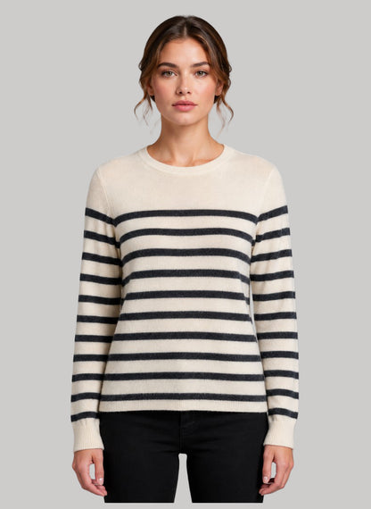 Max Studio ivory and soft black Breton stripe preloved pure cashmere jumper in Small UK and Ireland size from Cashmere Knot Ireland