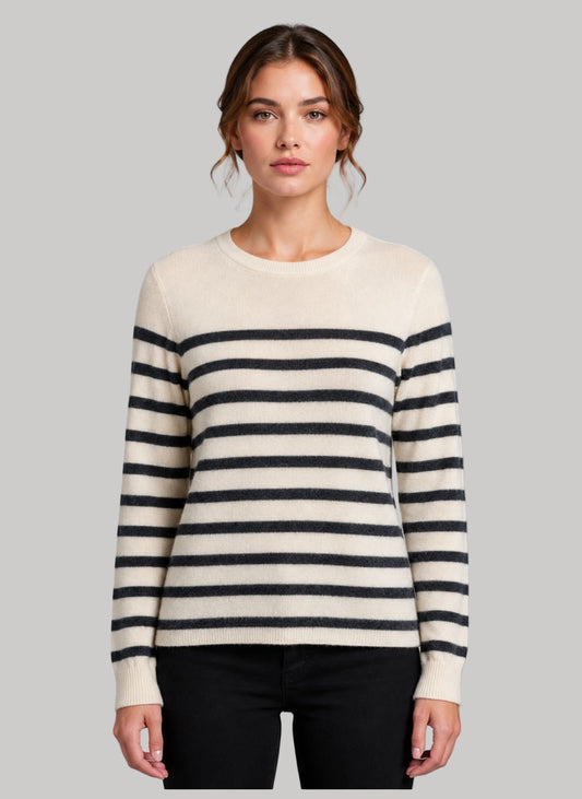 Max Studio ivory and soft black Breton stripe preloved pure cashmere jumper in Small UK and Ireland size from Cashmere Knot Ireland