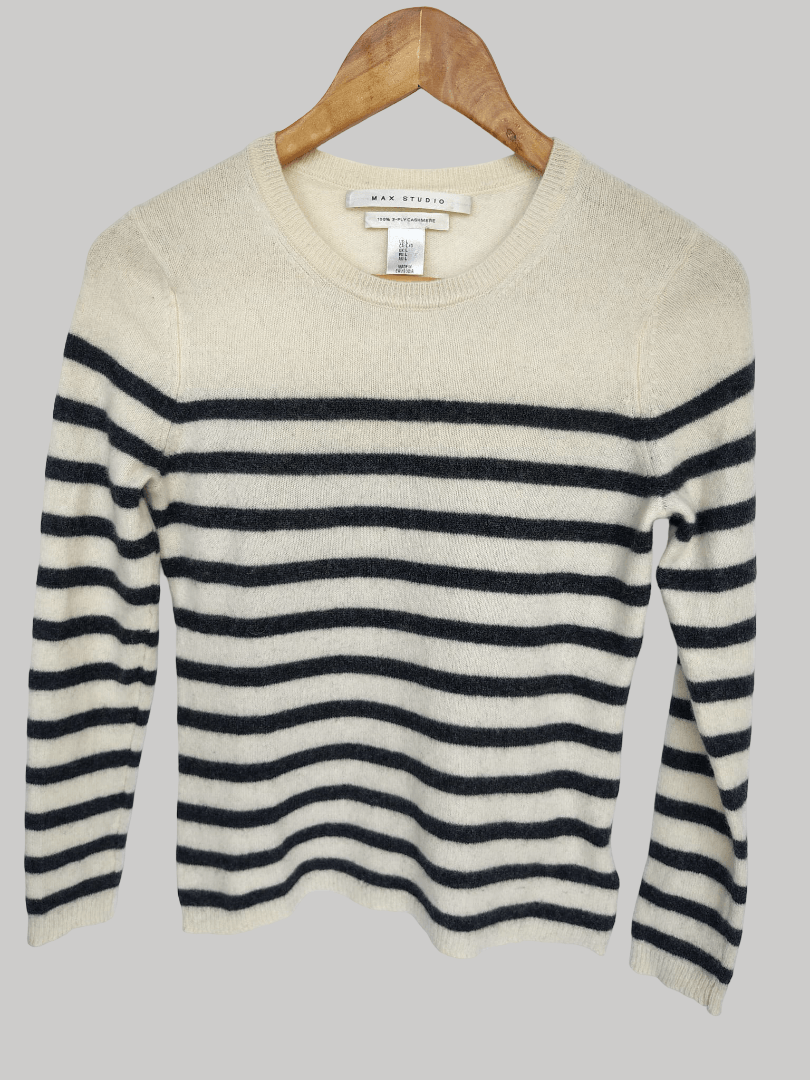 Max Studio ivory and soft black Breton stripe preloved pure cashmere jumper in Small UK and Ireland size from Cashmere Knot Ireland