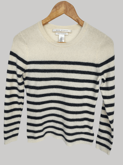 Max Studio ivory and soft black Breton stripe preloved pure cashmere jumper in Small UK and Ireland size from Cashmere Knot Ireland