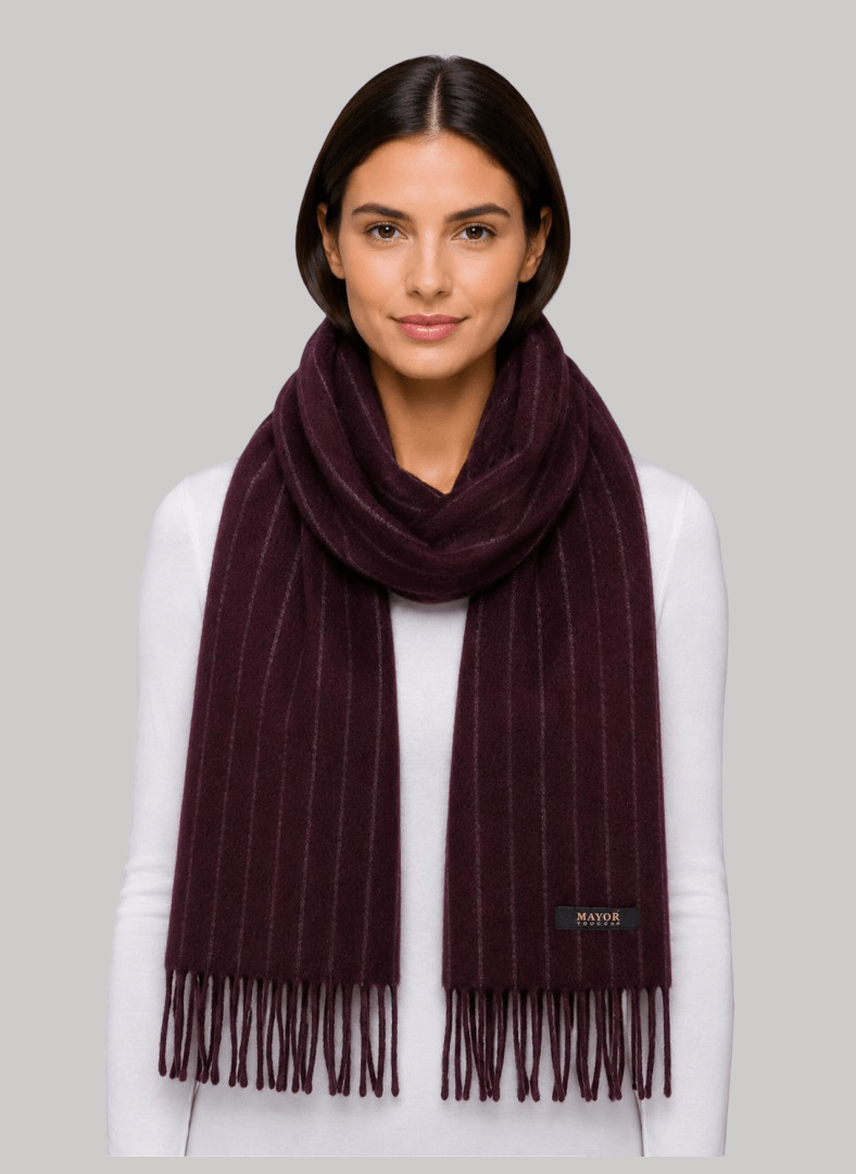 Mayor Youngor burgundy and gray striped preloved pure cashmere scarf from Ireland, soft luxury wrap