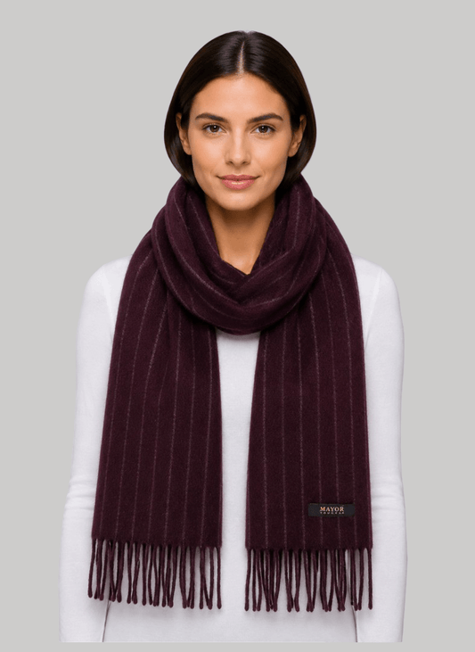 Mayor Youngor burgundy and gray striped preloved pure cashmere scarf from Ireland, soft luxury wrap