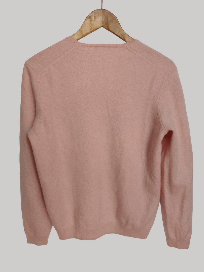 Monoprix Petal Pink preloved pure cashmere V-neck jumper Medium UK and Ireland size curated by Cashmere Knot Ireland