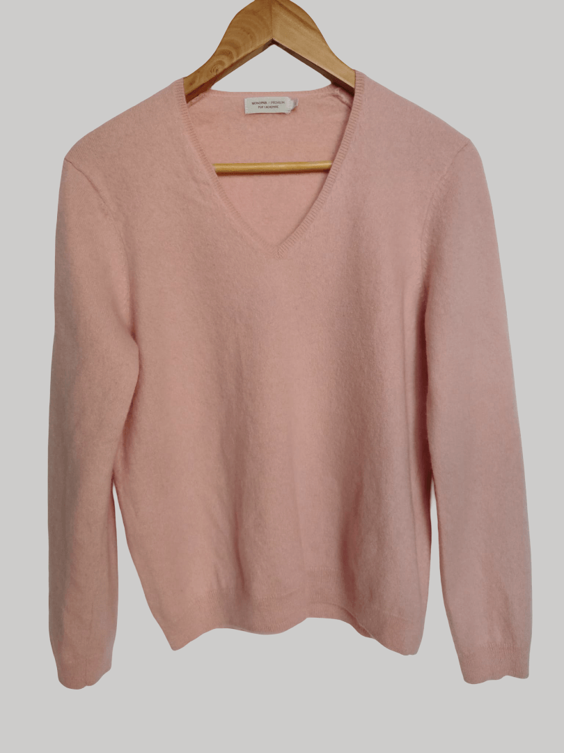 Monoprix Petal Pink preloved pure cashmere V-neck jumper Medium UK and Ireland size curated by Cashmere Knot Ireland