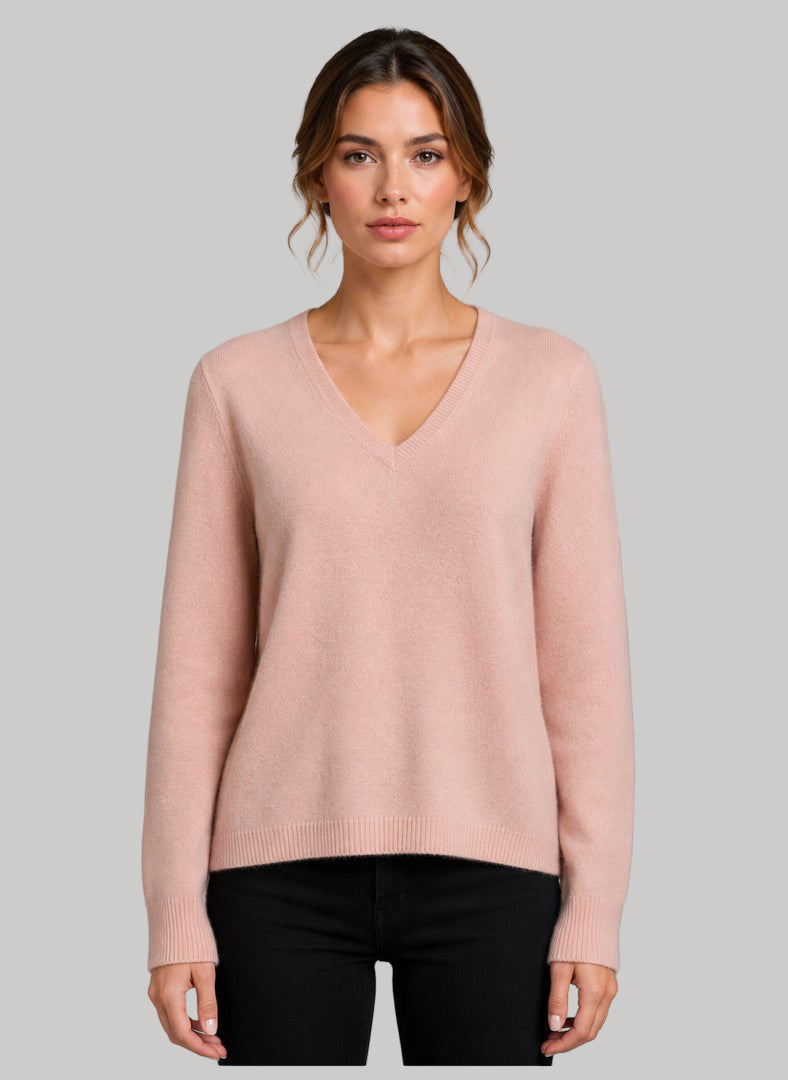 Monoprix Petal Pink preloved pure cashmere V-neck jumper Medium UK and Ireland size curated by Cashmere Knot Ireland